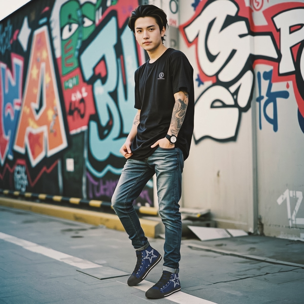 Footwear men high top sneakers with black rubber blue upper lining white star