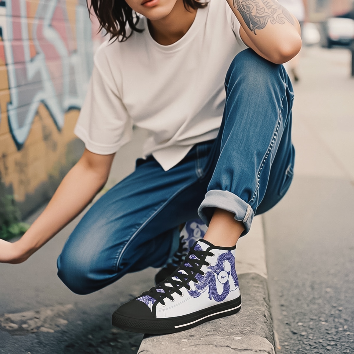 Footwear men light blue canvas high top sneakers black rubber sole vintage chinese blue dragon