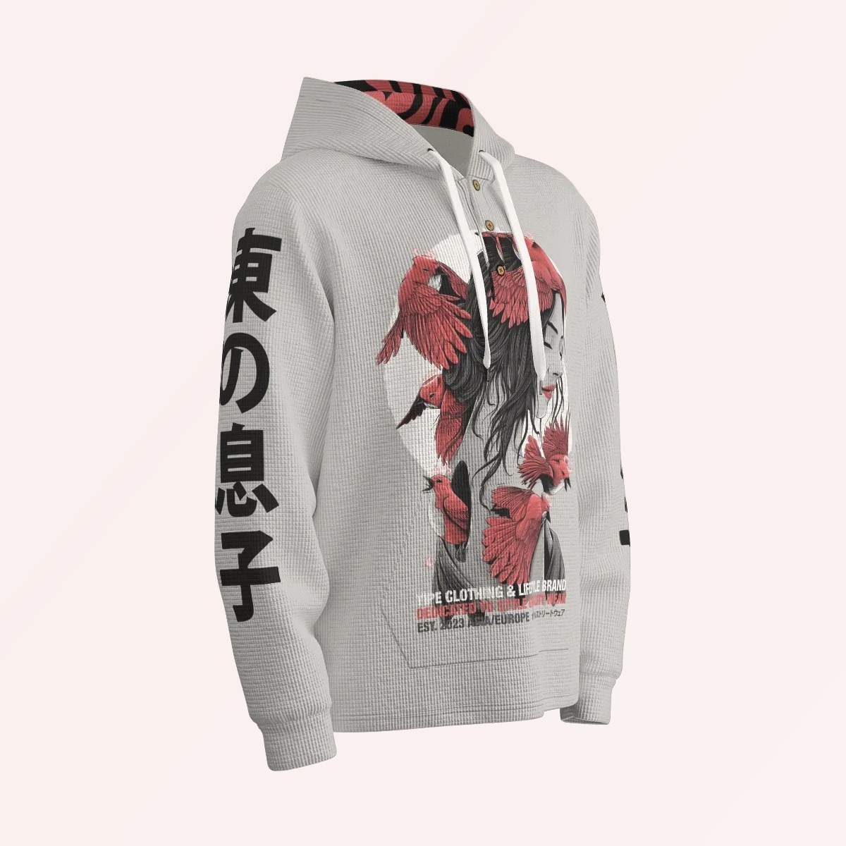 Printed button-up hoodie Men Grey Hood, Side View