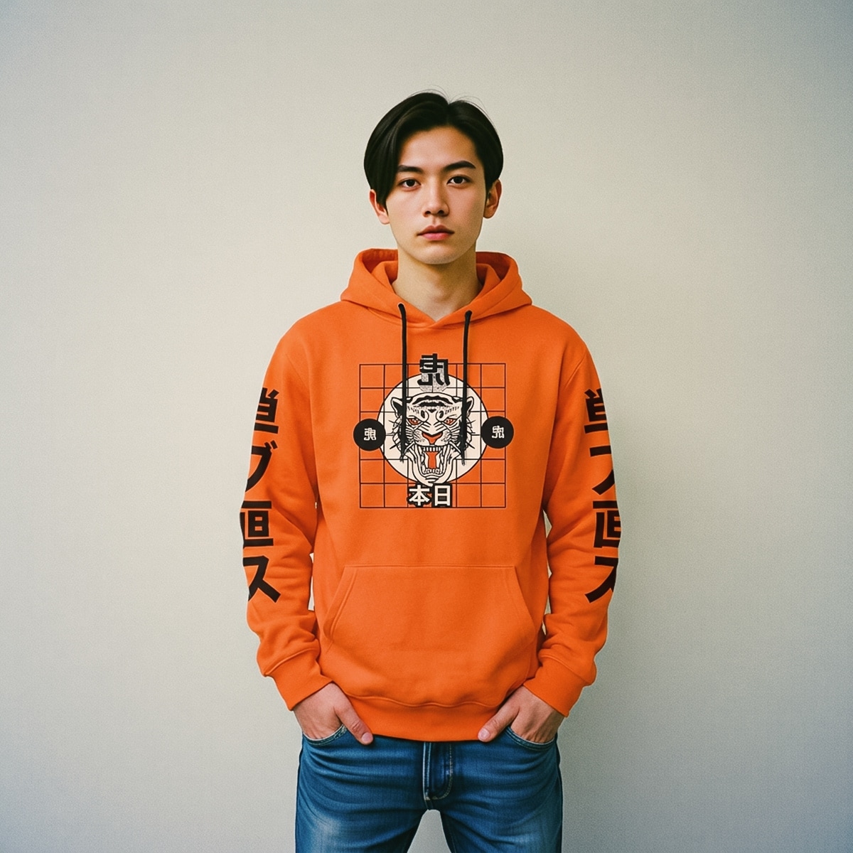 Graphic Pull-over Hoodie Men orange all-over printed Japanese Tiger Head