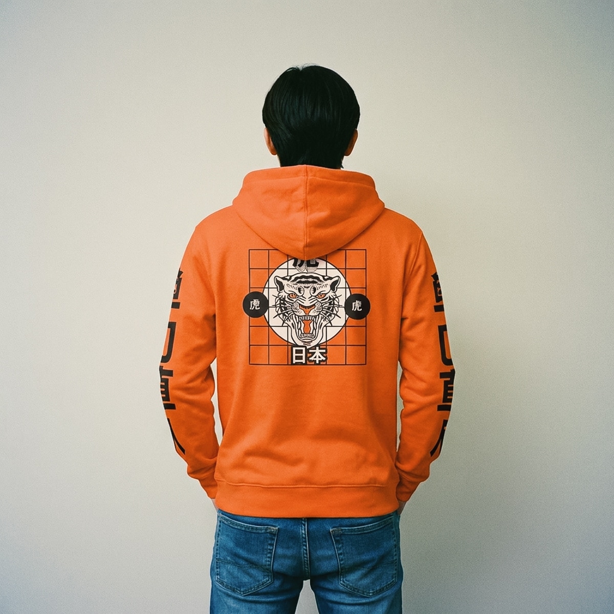 Classic Pull-over orange graphic Hoodie Japanese Tiger Head Print, Back side