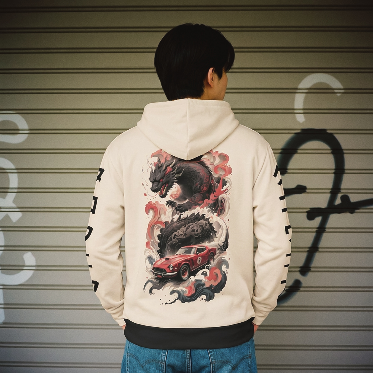 Graphic Hoodie Men double Zip-up Drawstrings Sumi-e Japanese classic monster Godzilla print, Backside