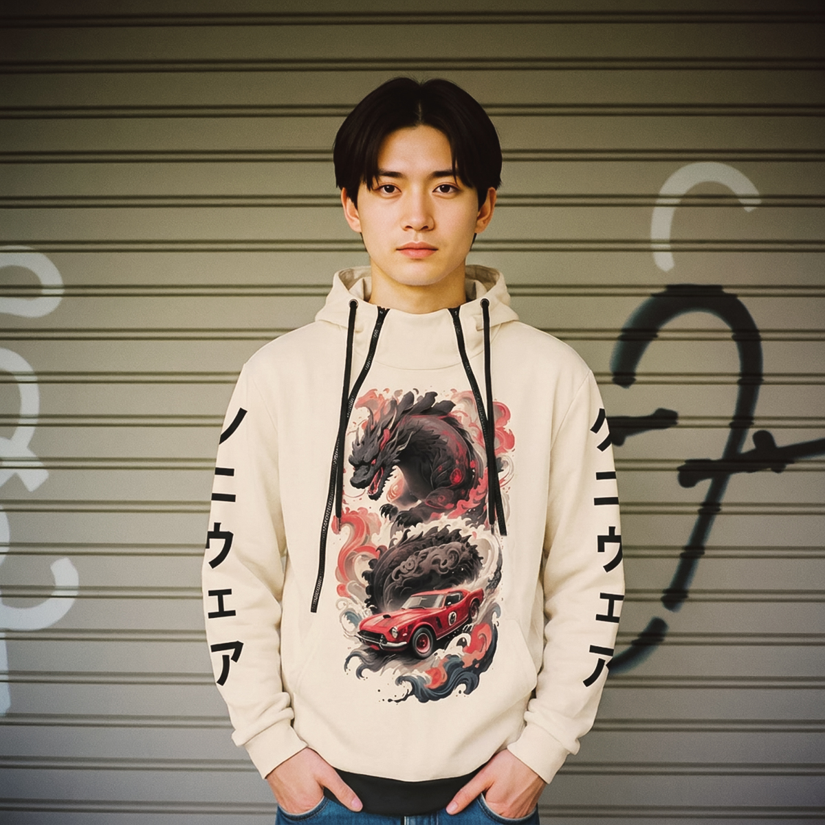 Graphic hoodie for men with double zipper Japanese sumi-e Godzilla Print