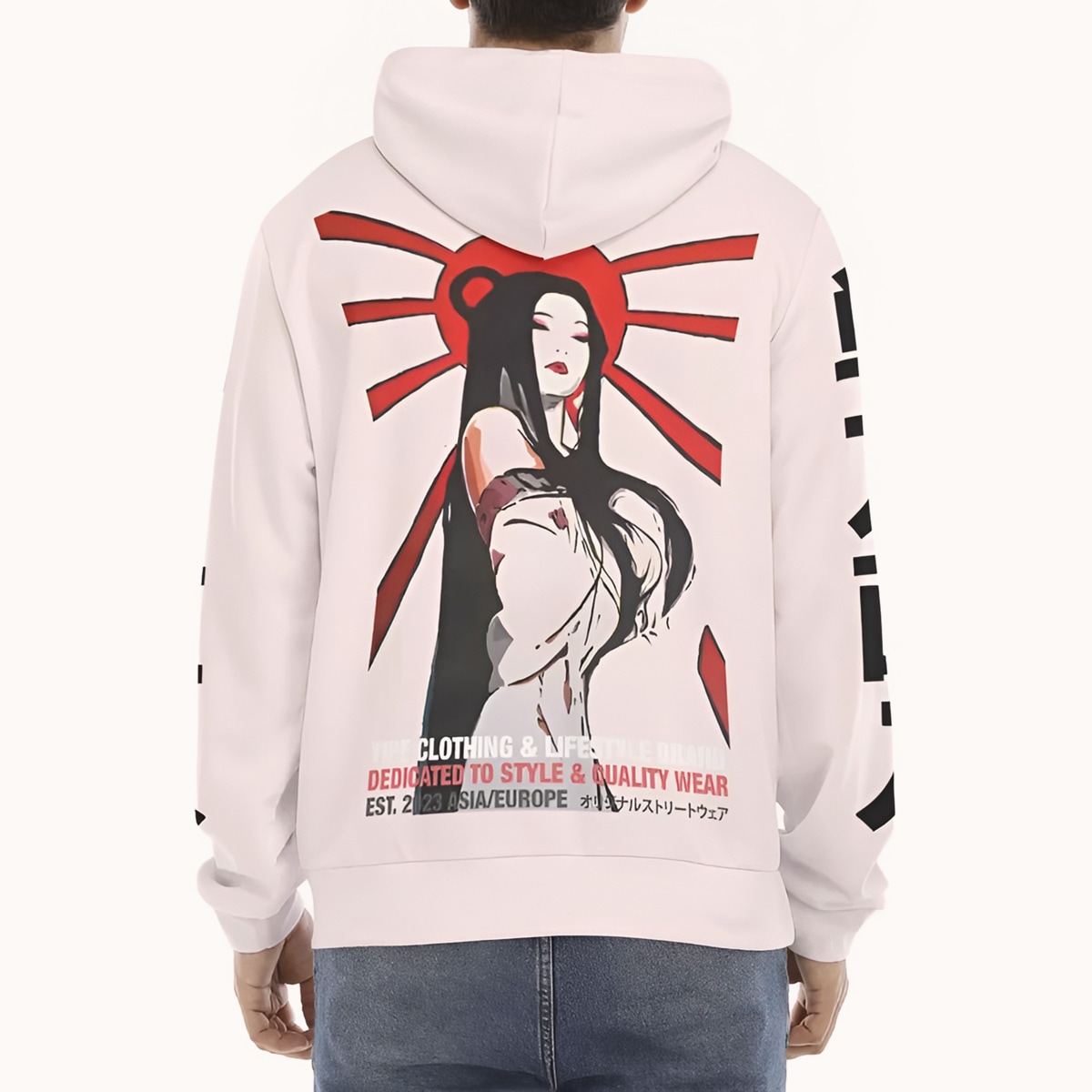 Zip up Hoodie Men printed with Japanese Rising Sun Girl, Backside
