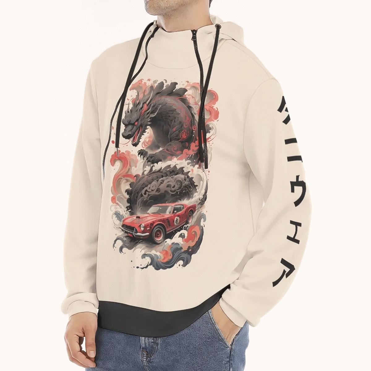 Hoodie for Men with Zipper Japanese Godzilla Print