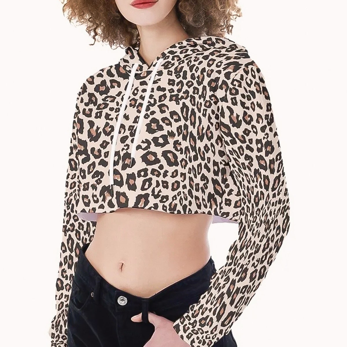 Cropped long sleeve hoodie for women with leopard print and draw strings