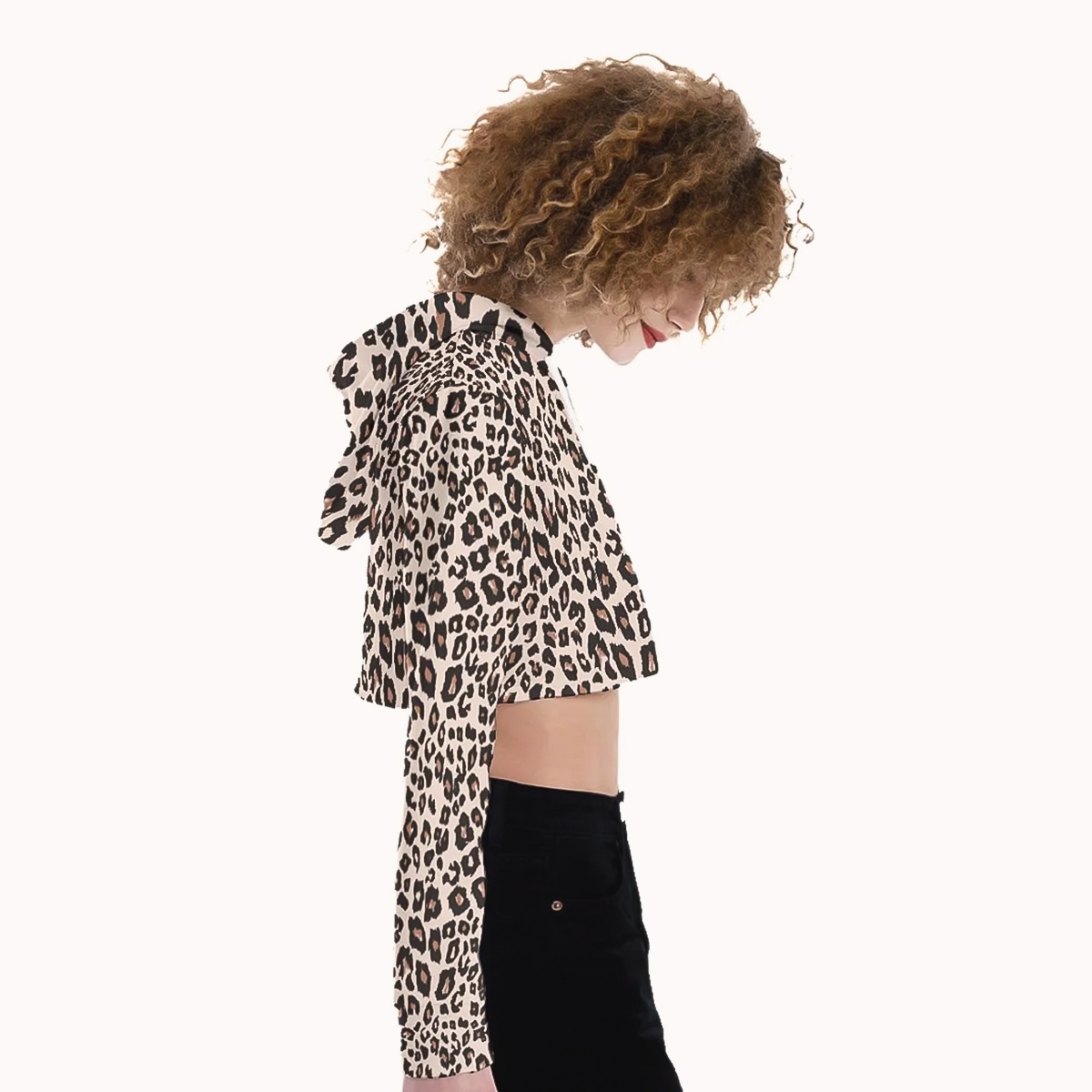 Cropped long sleeve leopard hoodie with draw strings, side view