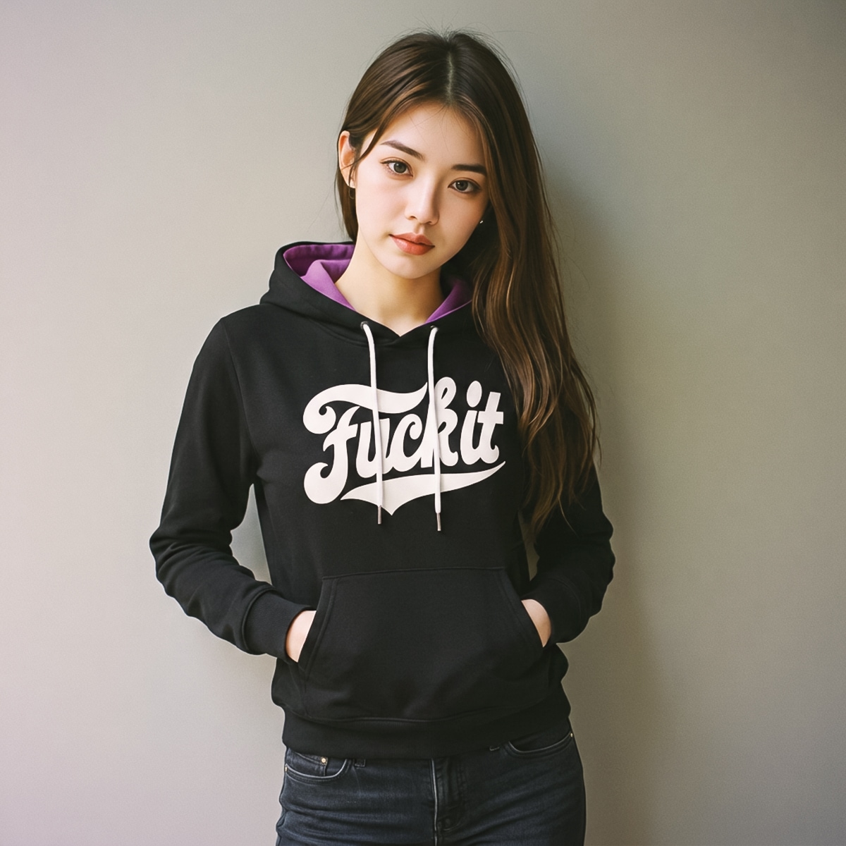Printed street style black Hoodie For Women Slim Style Fuck It