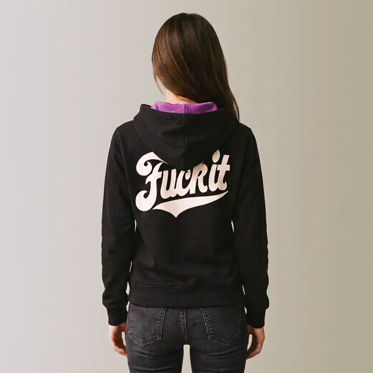 Printed graphic black Hoodie for Women Slim Style Fuck It, Backside