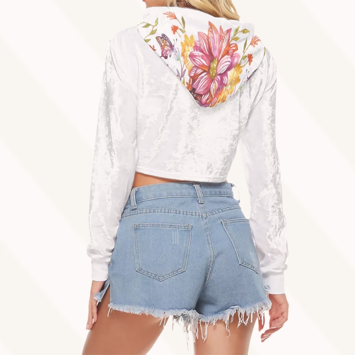Velour cropped hoodie for women with long sleeves and cat print, back side