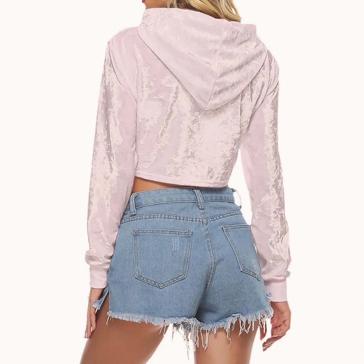 Velvet cropped hoodie for women, pink with long sleeves, back side view