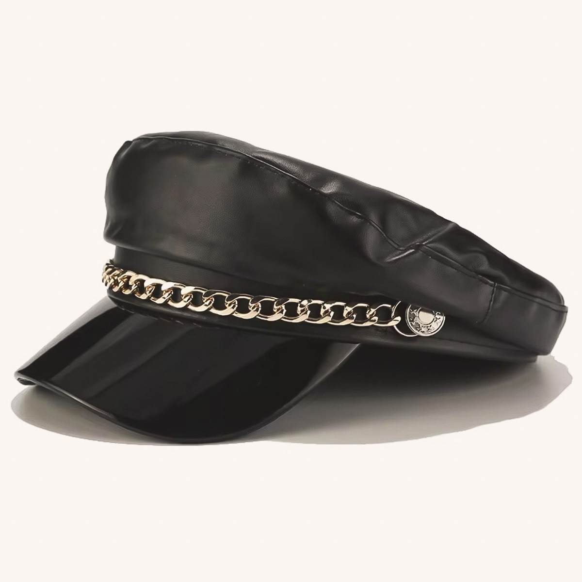 Sexy Newsboy Cap Leather With Chain Black
