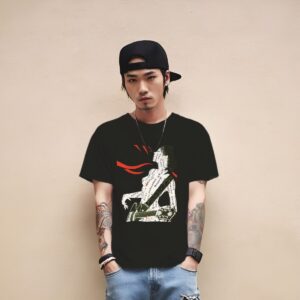 Printed T-shirt for men with vintage kitsch nude Japanese guitar player
