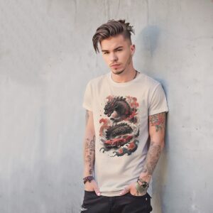 Printed T Shirt For Men Vintage Japanese Sumi-e Ink Godzilla,1