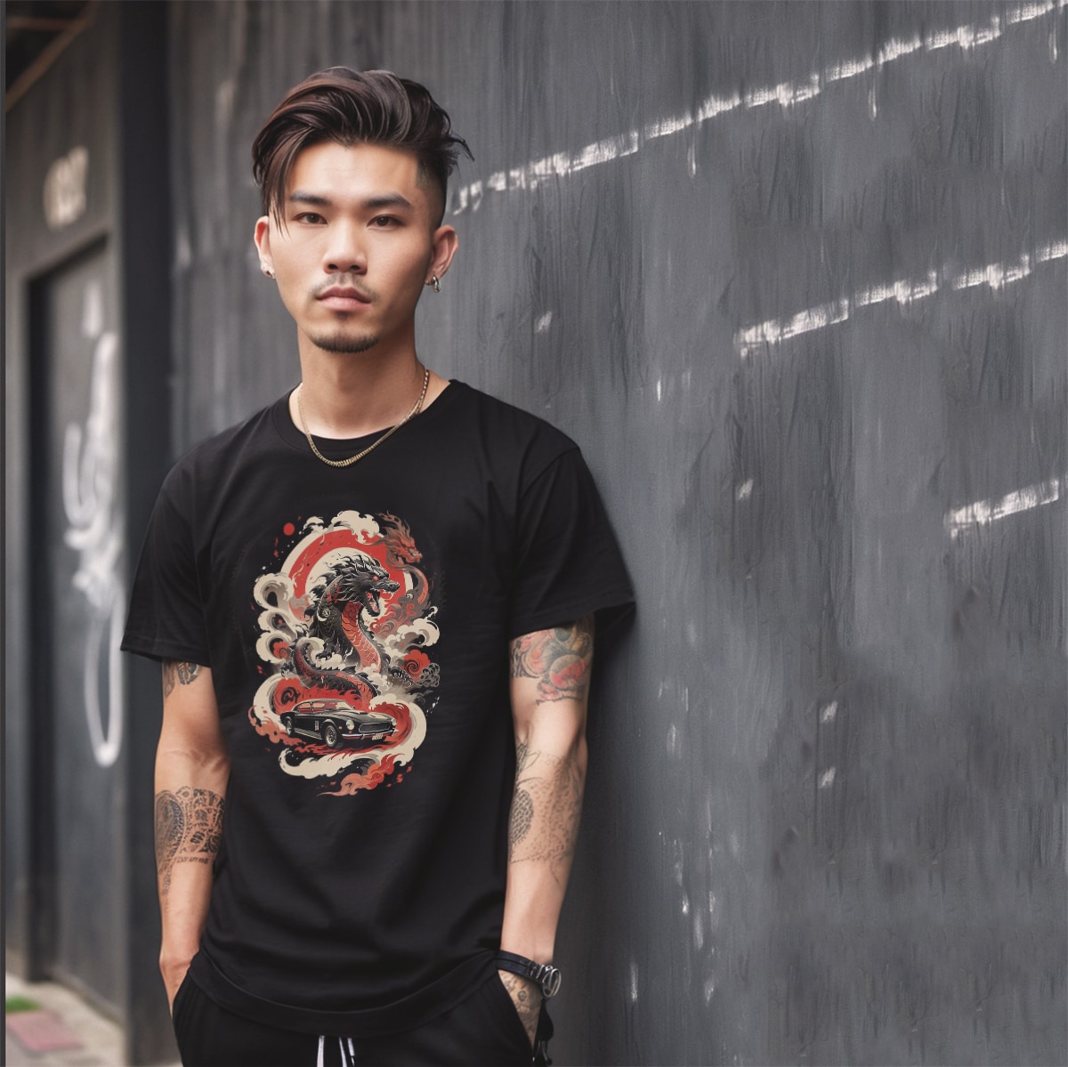 Printed T Shirt Men 3d Vintage Japanese sumi-e ink Godzilla, 2