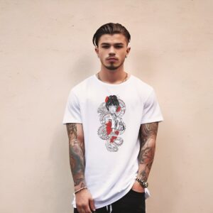 T-shirt for men, white with Japanese red anime dragon girl print