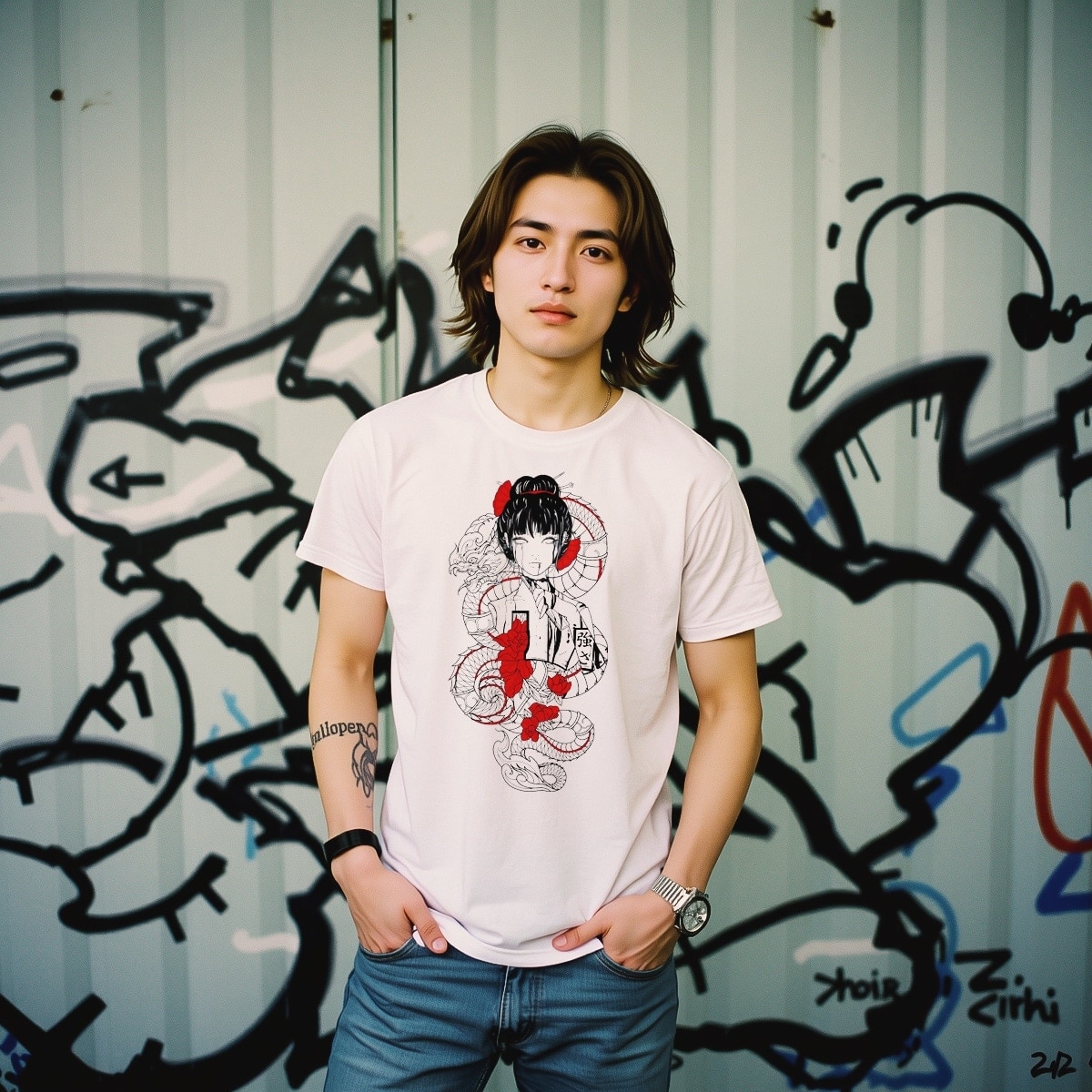 Graphic T-Shirt Men Yipe Tee Japanese Anime Red Dragon Girl