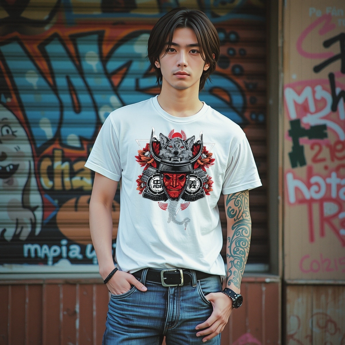 Graphic T-Shirt Men Yipe Tee Japanese Samurai Warrior Mask