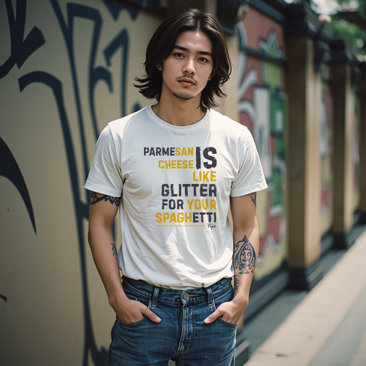 Graphic T-shirt for men printed with Parmesan is Glitter for Your Spaghetti meme