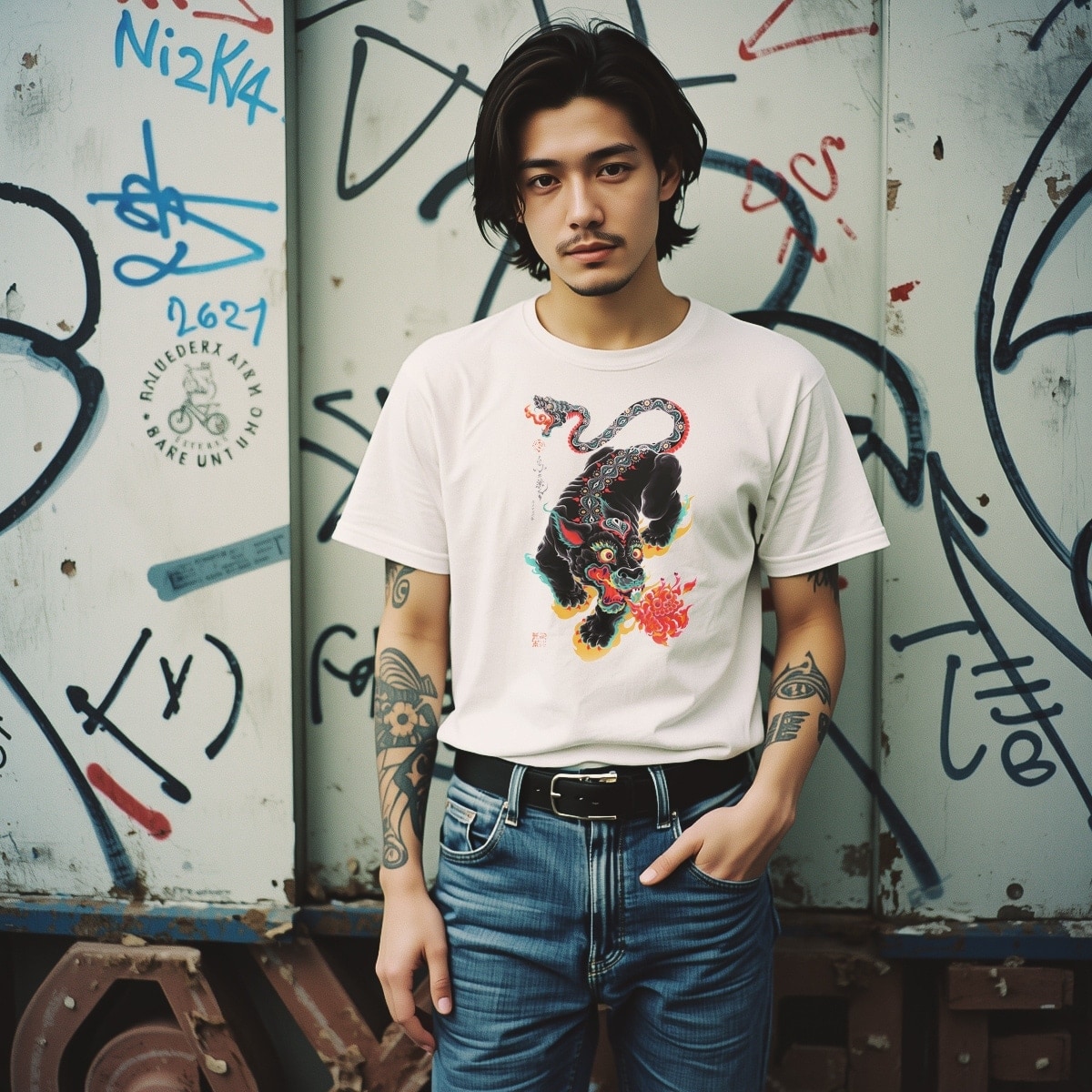 Printed 3d graphic T-shirt for men with vintage Chinese tiger