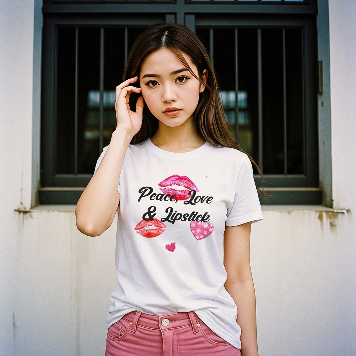 Printed graphic T Shirt Women Cotton Peace Love And Lipstick