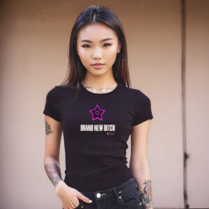 Yipe tee for women with Brand New Bitch print, black