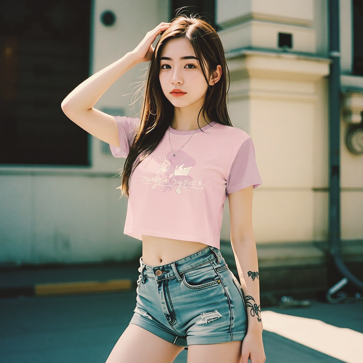 Cropped graphic t-shirt with Short Sleeves and Pink Kiss anime artwork