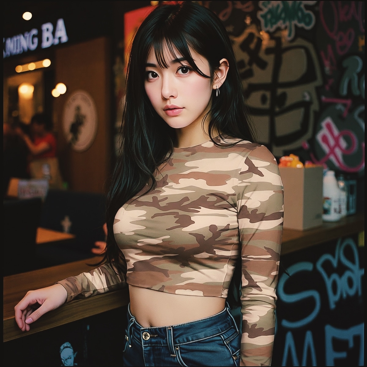 Top Women Crop Top Long Sleeve Brown Camo Crop