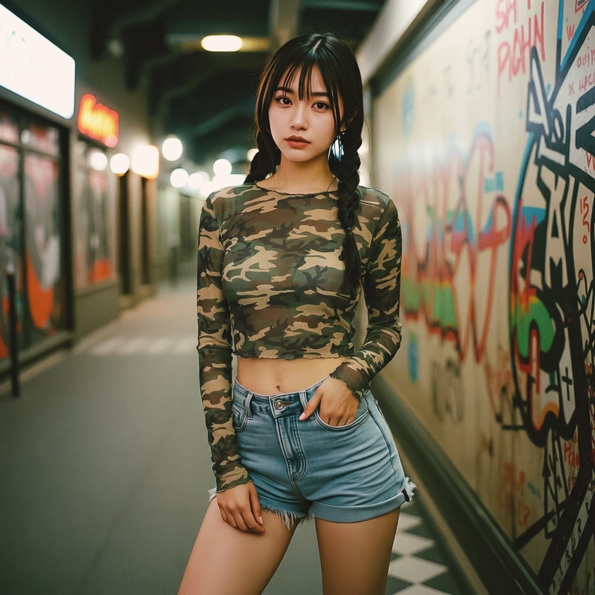Camo crop top with long sleeves and mesh fabric