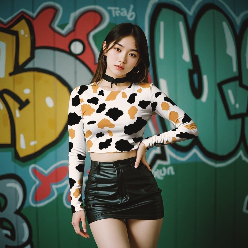 Top Women long sleeve women's Crop Top Cow Print Brown Cow
