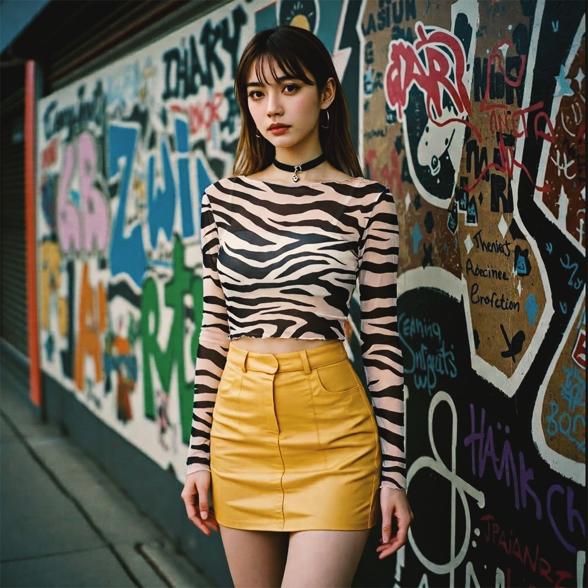 Mesh crop top with zebra stripes and long sleeves