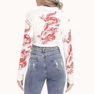 Tops Women White Cropped Long Sleeve Blouse with Dragon Print Back Side