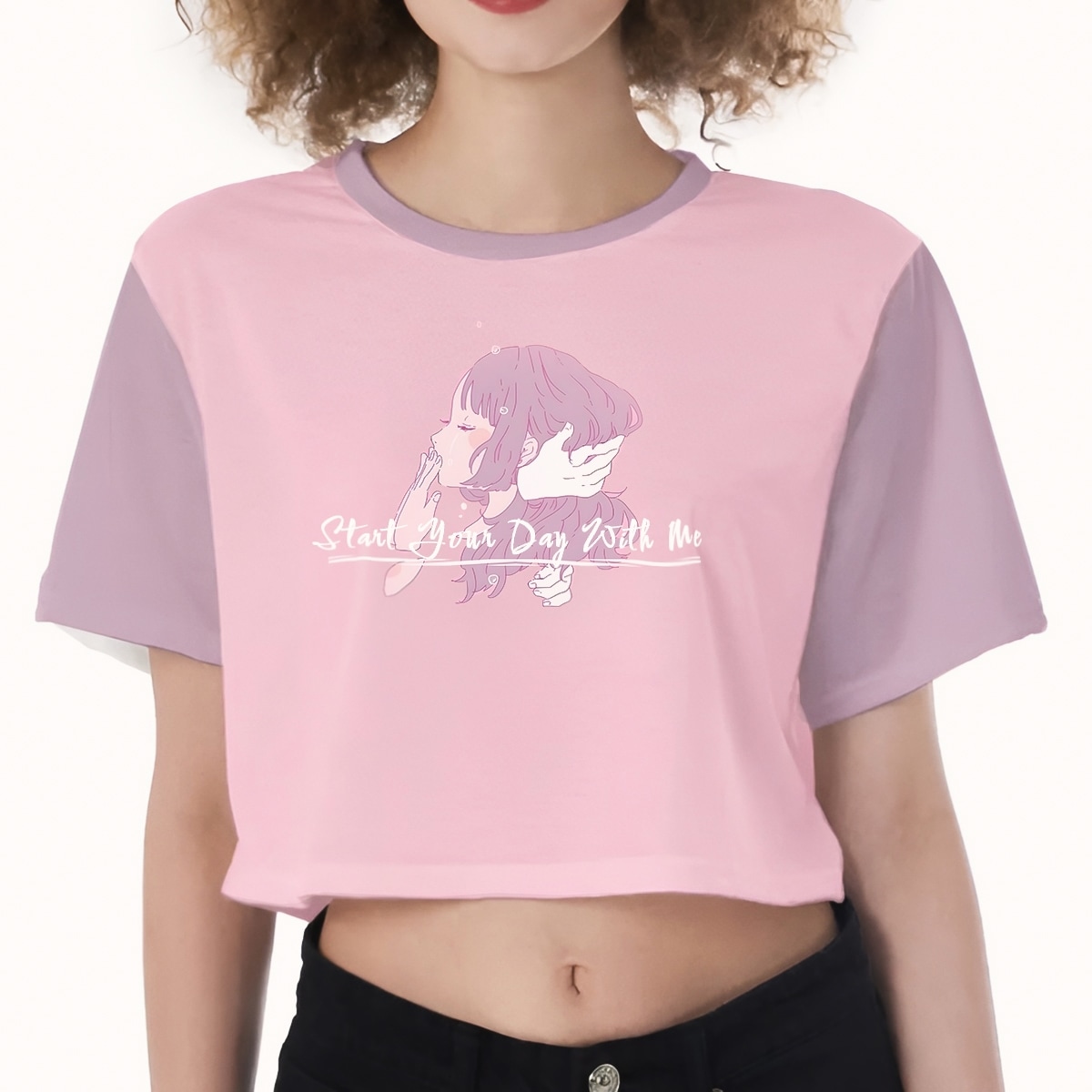 Cropped t-Shirt with Short Sleeves and Pink Kiss anime