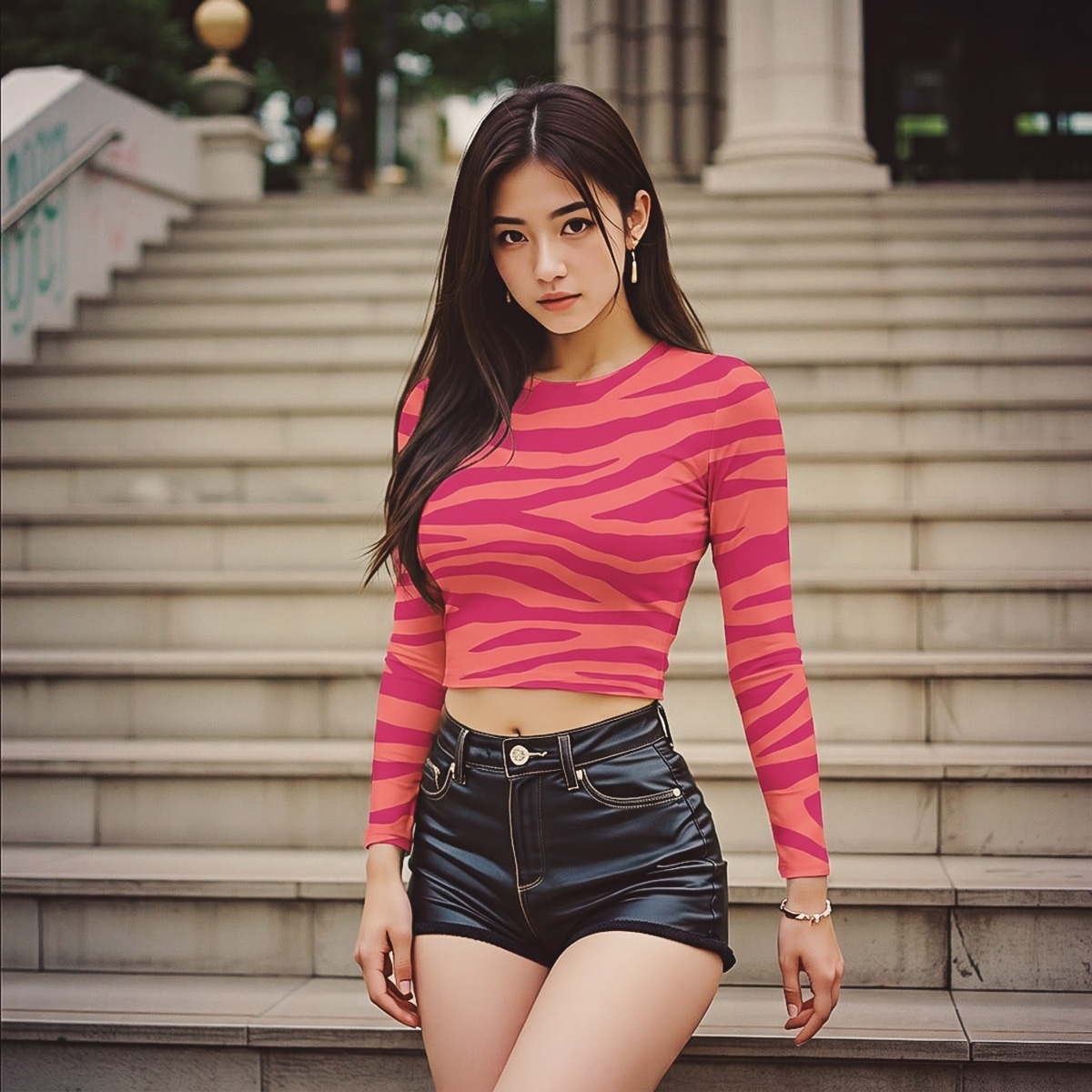 Y2K cropped top for women with red and orange zebra stripes, long sleeves