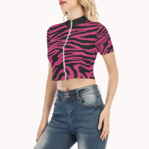 Zip-up crop top with red zebra stripes, short sleeves and zip collar, zipped
