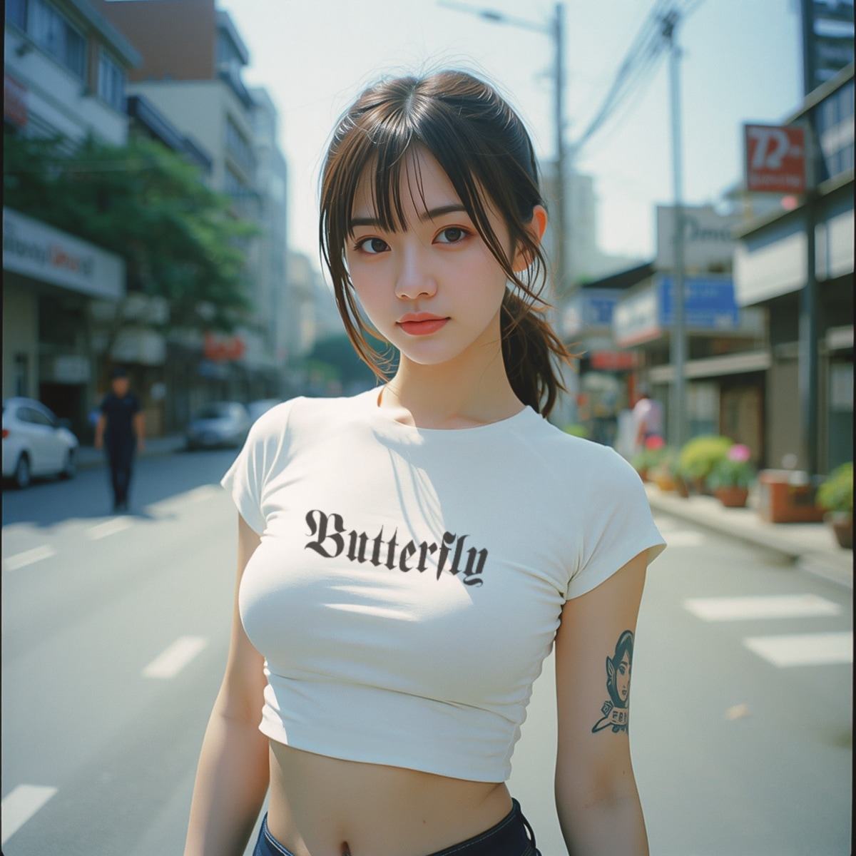 Womens cap sleeve crop top white with gothic butterfly text