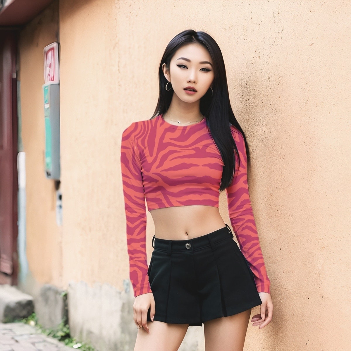 crop top for women with red and orange zebra stripes, long sleeves