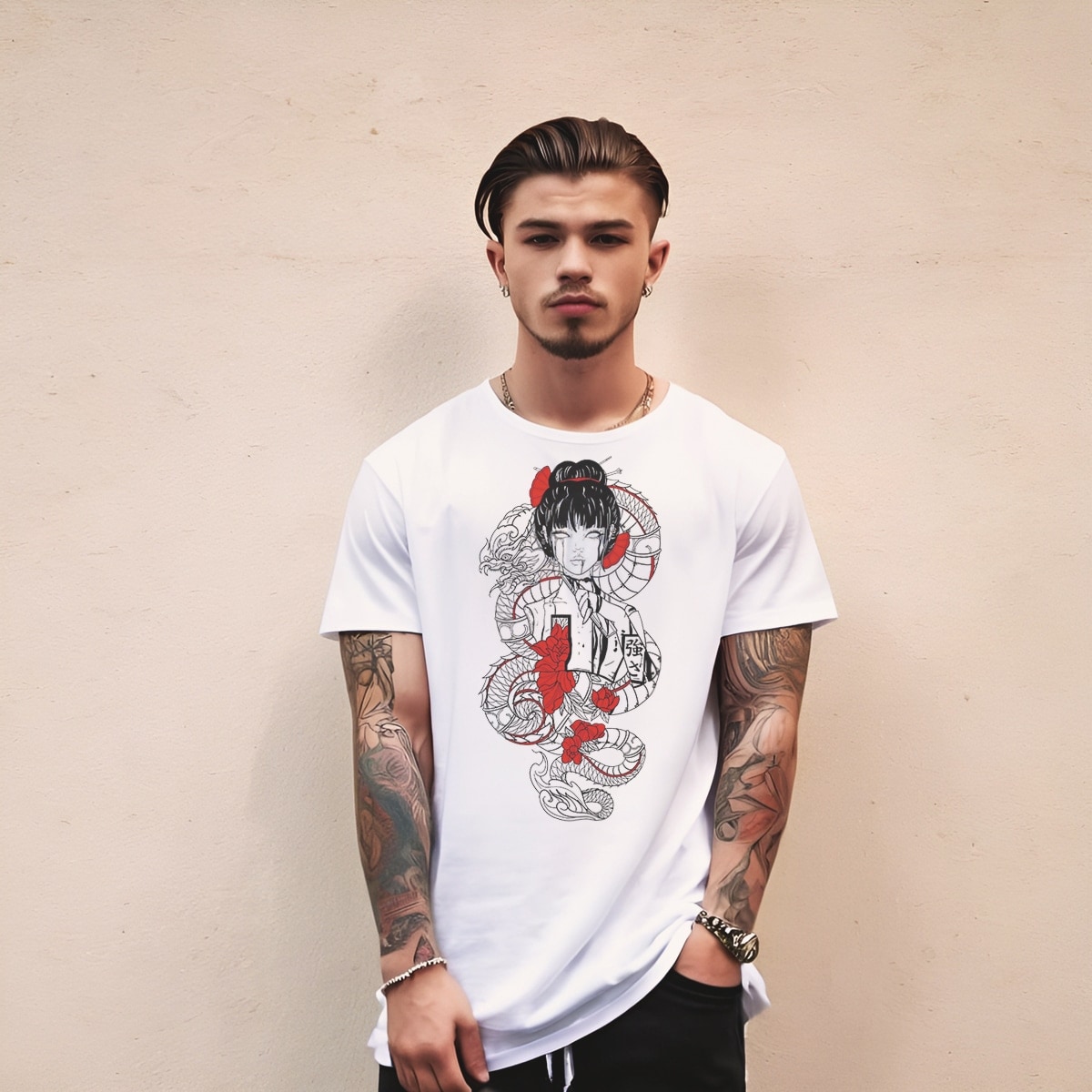 T Shirt Men Yipe Tee Japanese Anime Red Dragon Girl