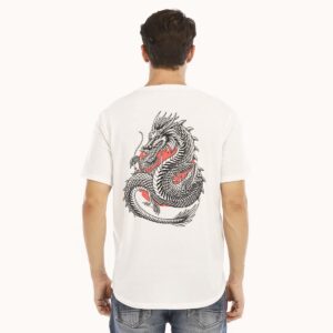 Printed T-shirt for men with Chinese dragon, white color