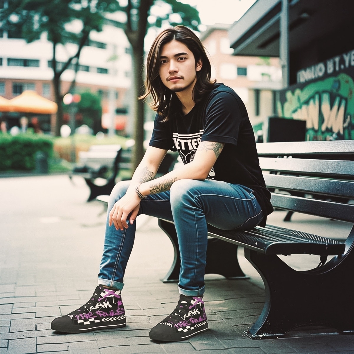 Footwear men high top sneakers black rubber soles canvas anarchistic graffiti Break The Rules