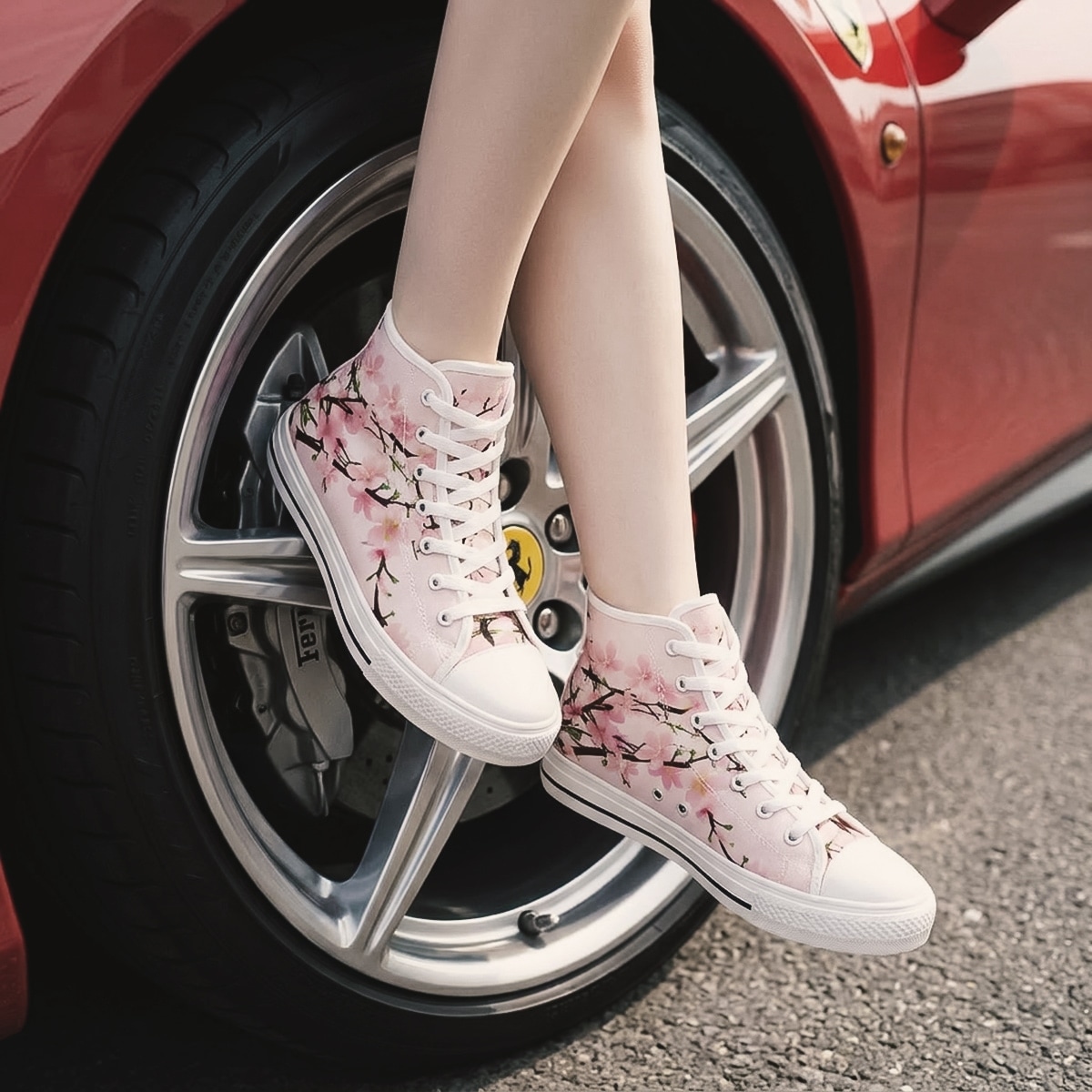 Footwear women high top canvas sneakers lace up white rubber sole cherry blossom