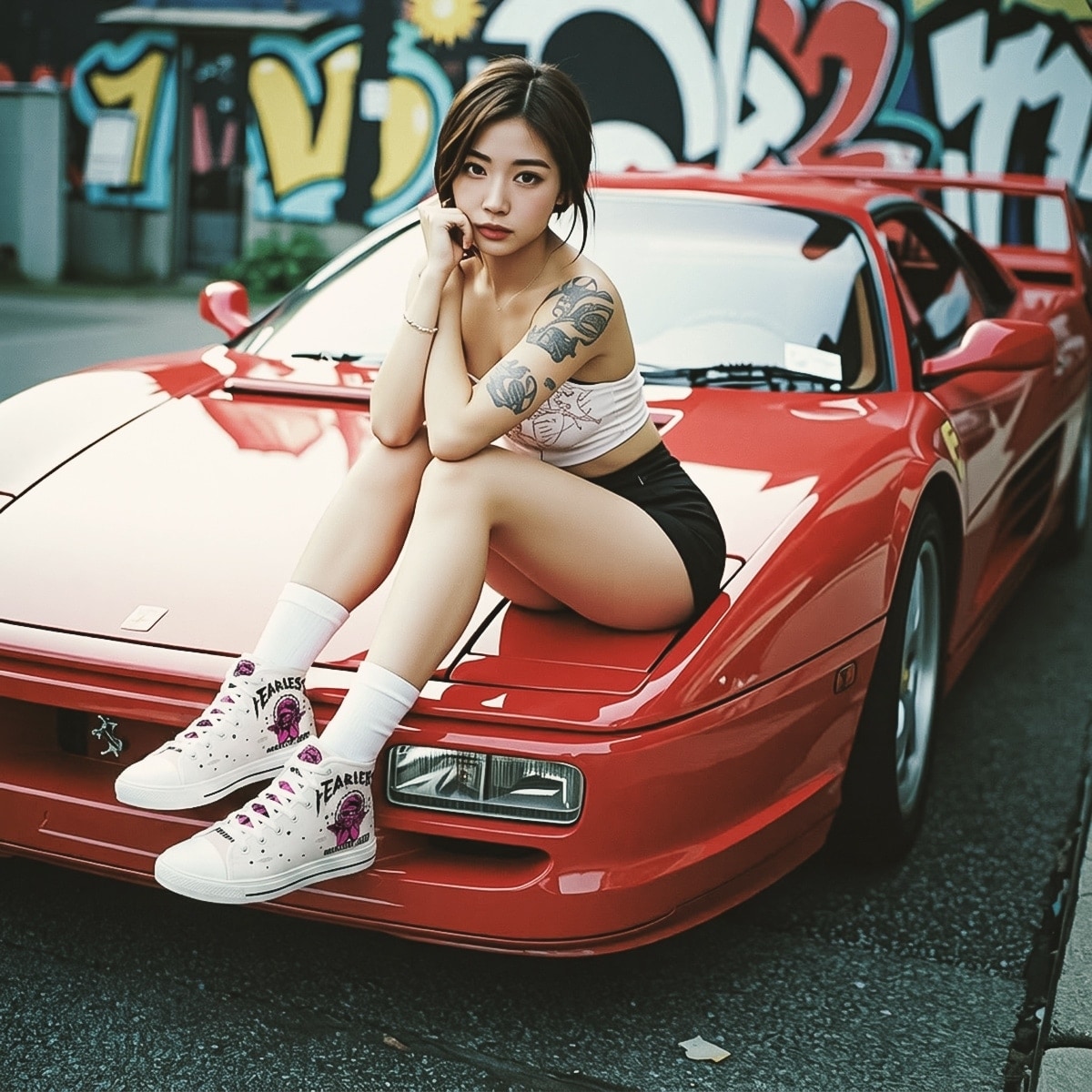 Footwear women high top canvas sneakers light grey color white rubber sole pink graffiti artwork Fearless Mind