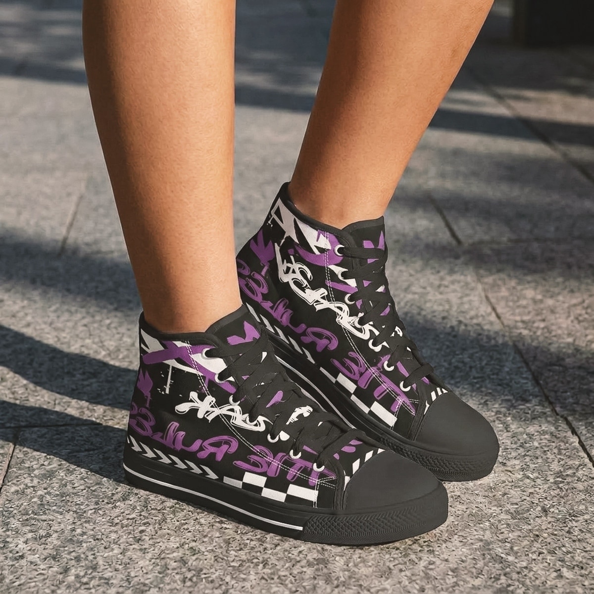 Footwear women high top sneakers canvas black rubber sole black purple graphics break the rules