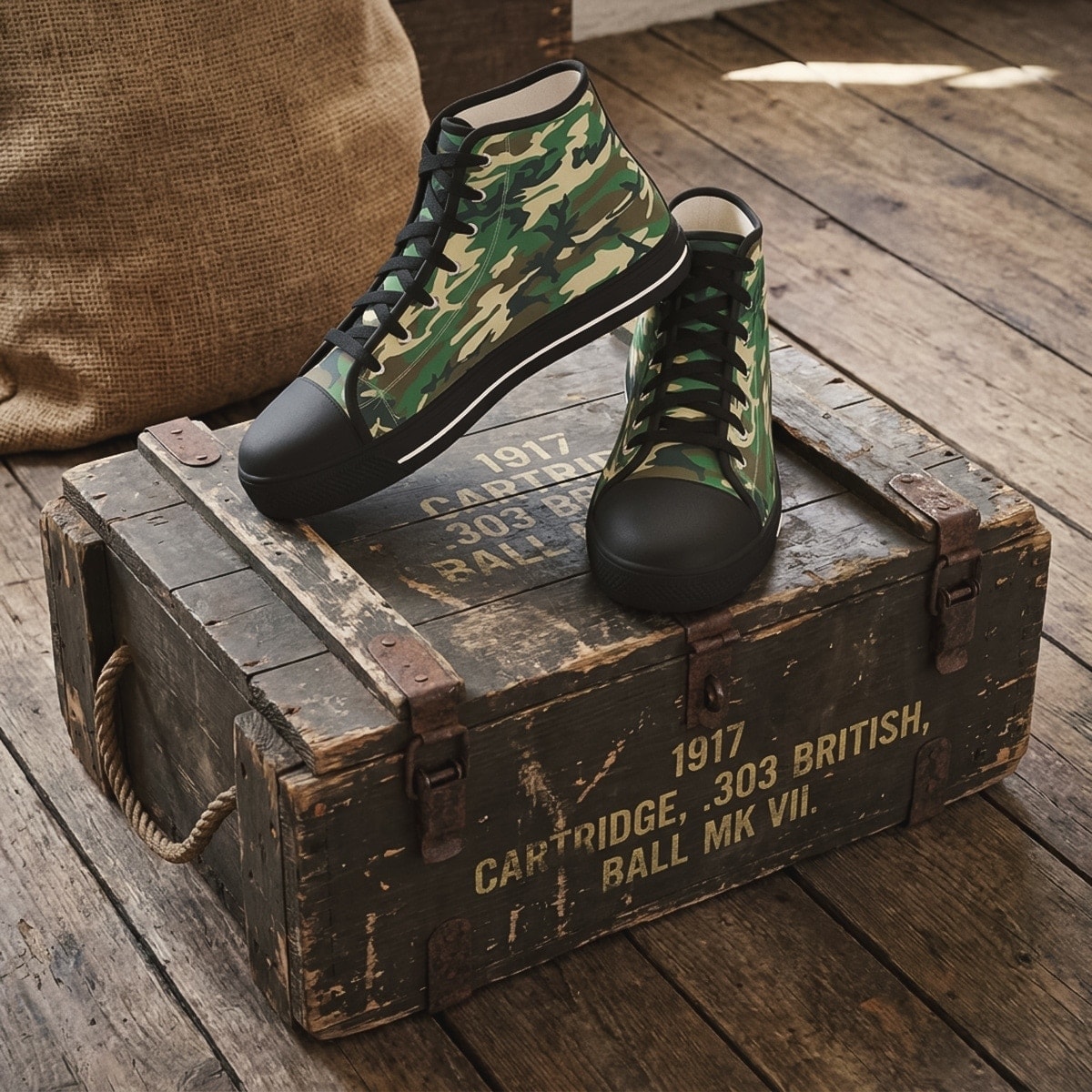 Footwear women hightop sneakers army green camouflage black rubber sole camo canvas