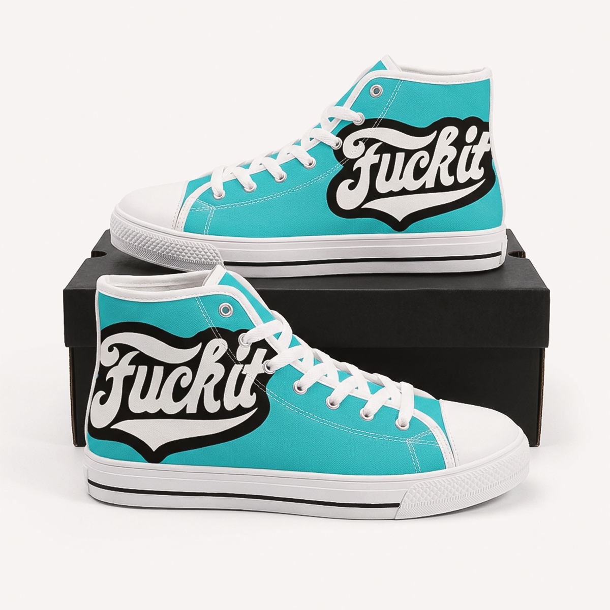 Footwear women hightop sneakers blue color canvas white rubber sole graffiti fuck it artwork