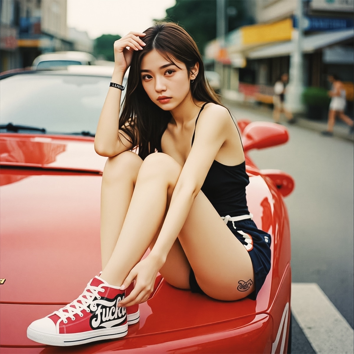 Footwear women hightop sneakers red color canvas lining rubber sole fuck it graffiti print