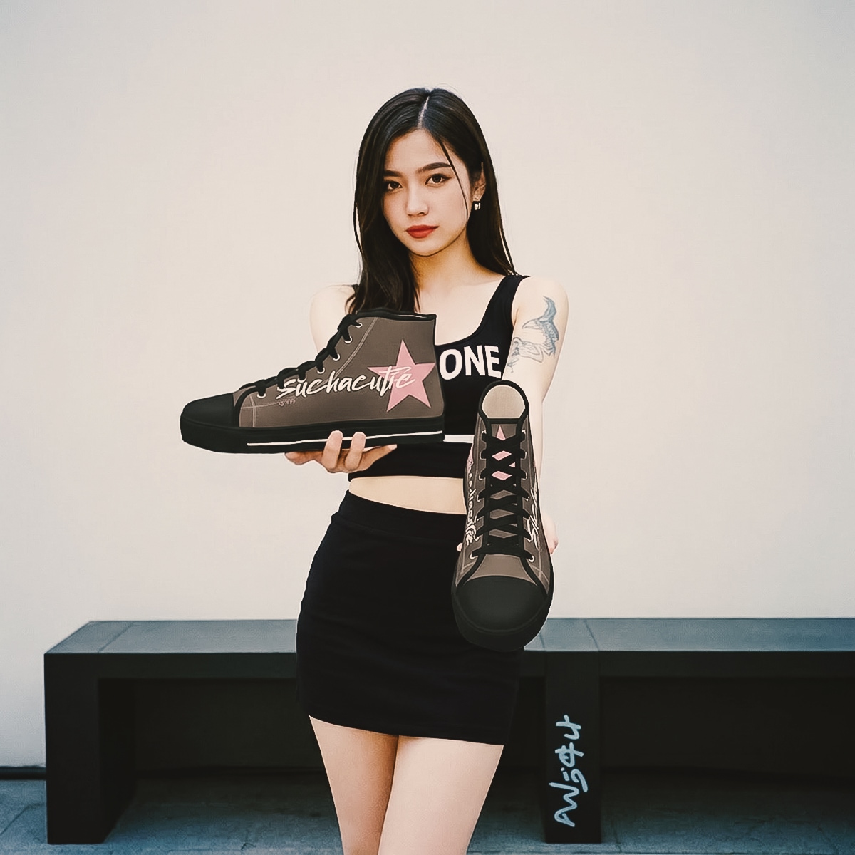 Footwear women y2k high top canvas sneakers black rubber sole pink star such a cutie presenting in hands