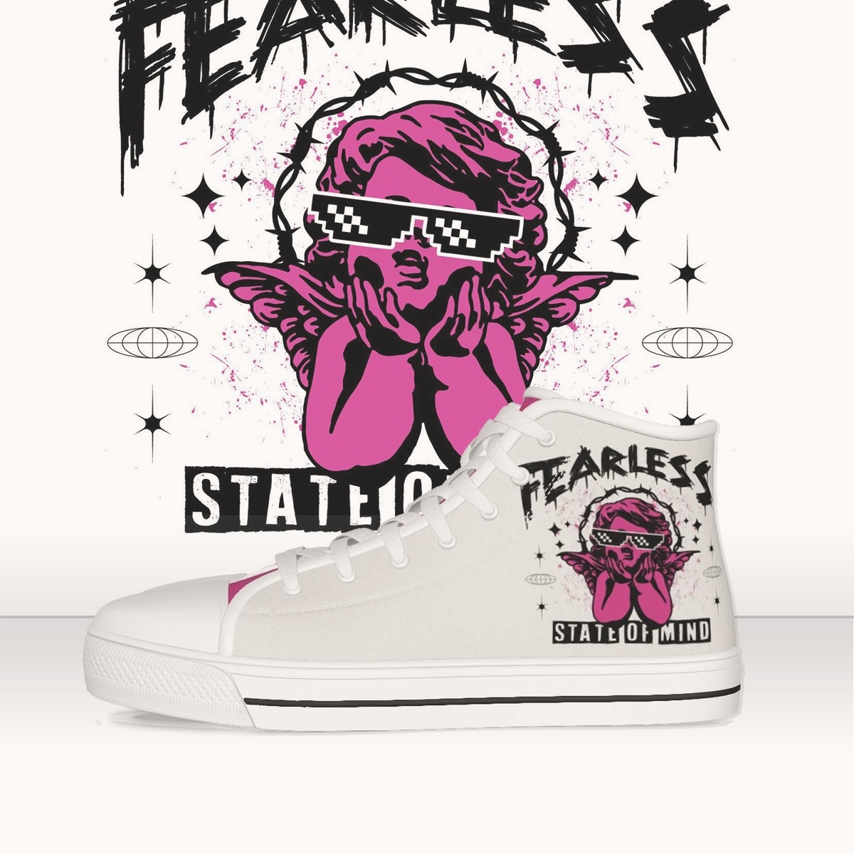 Hightop Canvas Sneakers Pink Graffiti Angel, Fearless Mind
