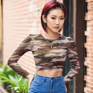 Top Women Crop Top Long Sleeve Brown Camo Crop