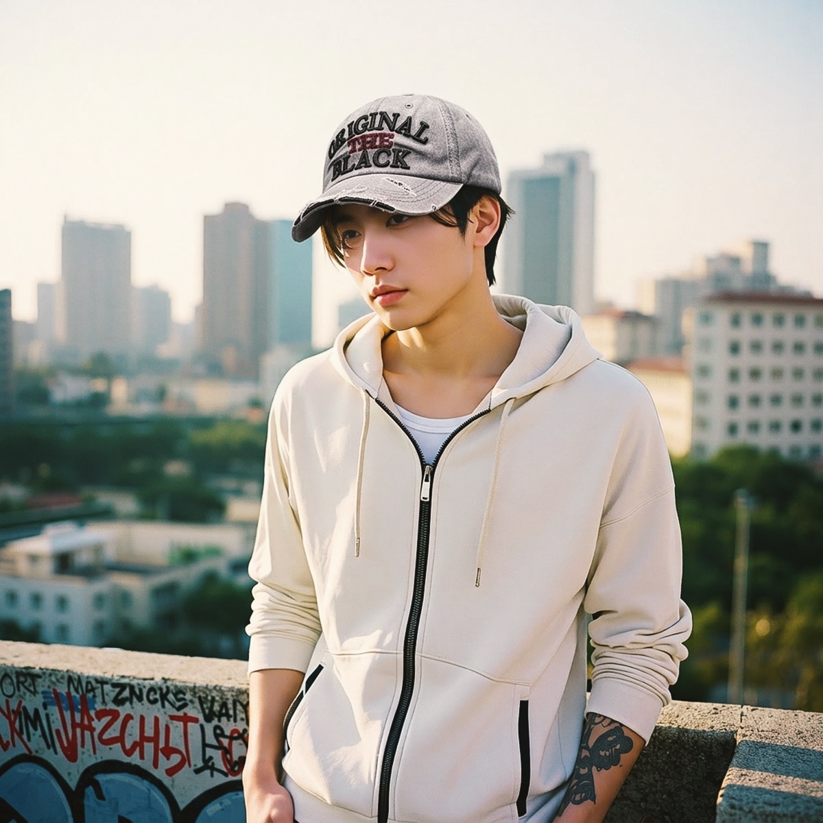 Caps vintage embroidered distressed washed denim baseball cap the black model posing